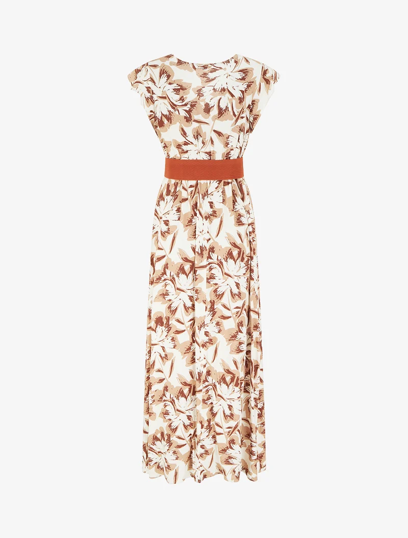 Robe longue fleurie à mancherons volantés - Marron