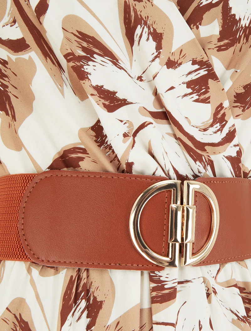 Robe longue fleurie à mancherons volantés - Marron