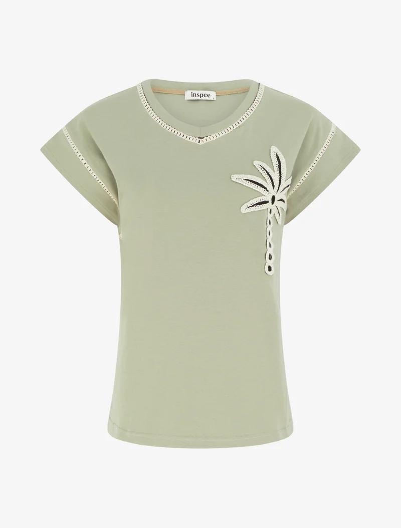 T-shirt manches courtes à palmier brodé - Vert olive