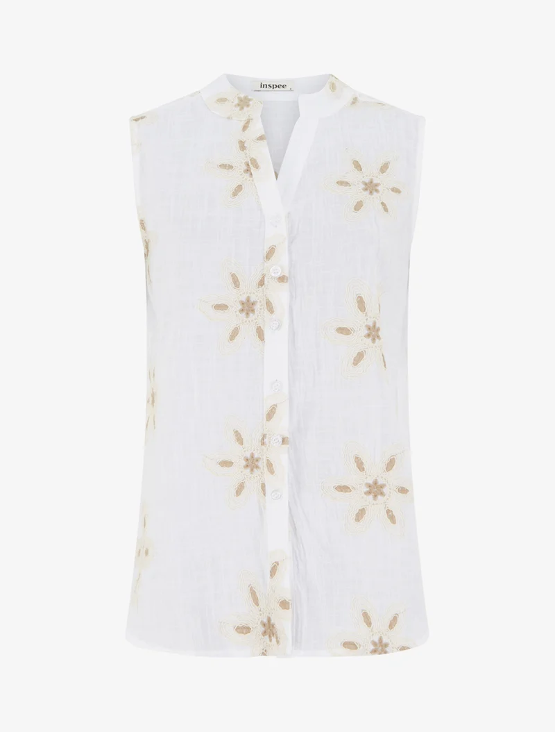 Blouse sans manches à broderies fleuries - Blanc