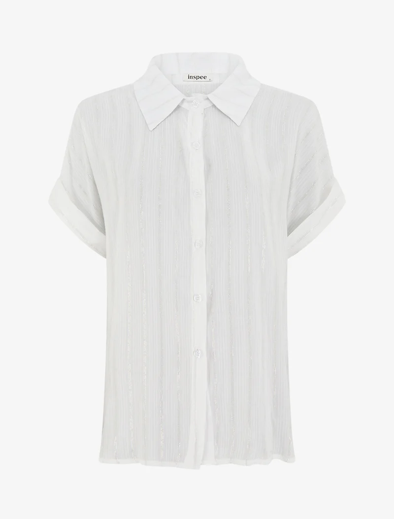 Chemise ample manches courtes à fine rayures irisées - Blanc