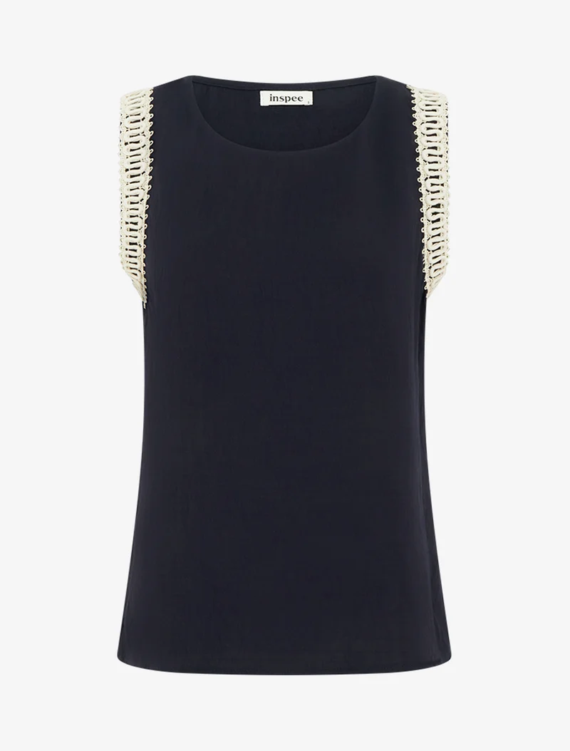 Top sans manches droit à broderies - Marine