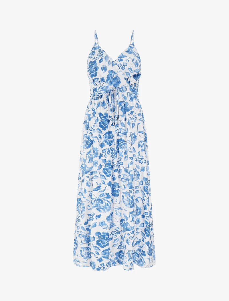 Robe longue à imprimé roses - Bleu