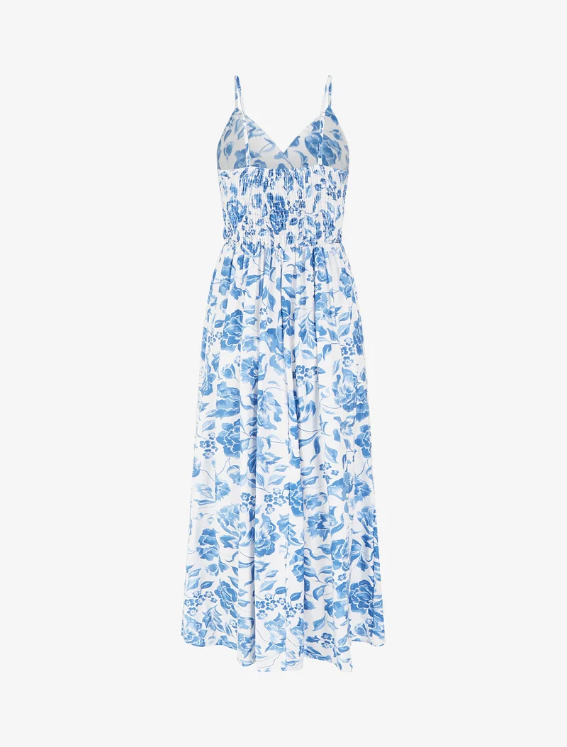 Robe longue à imprimé roses - Bleu