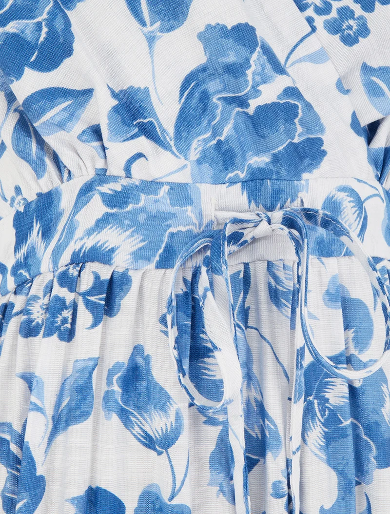 Robe longue à imprimé roses - Bleu