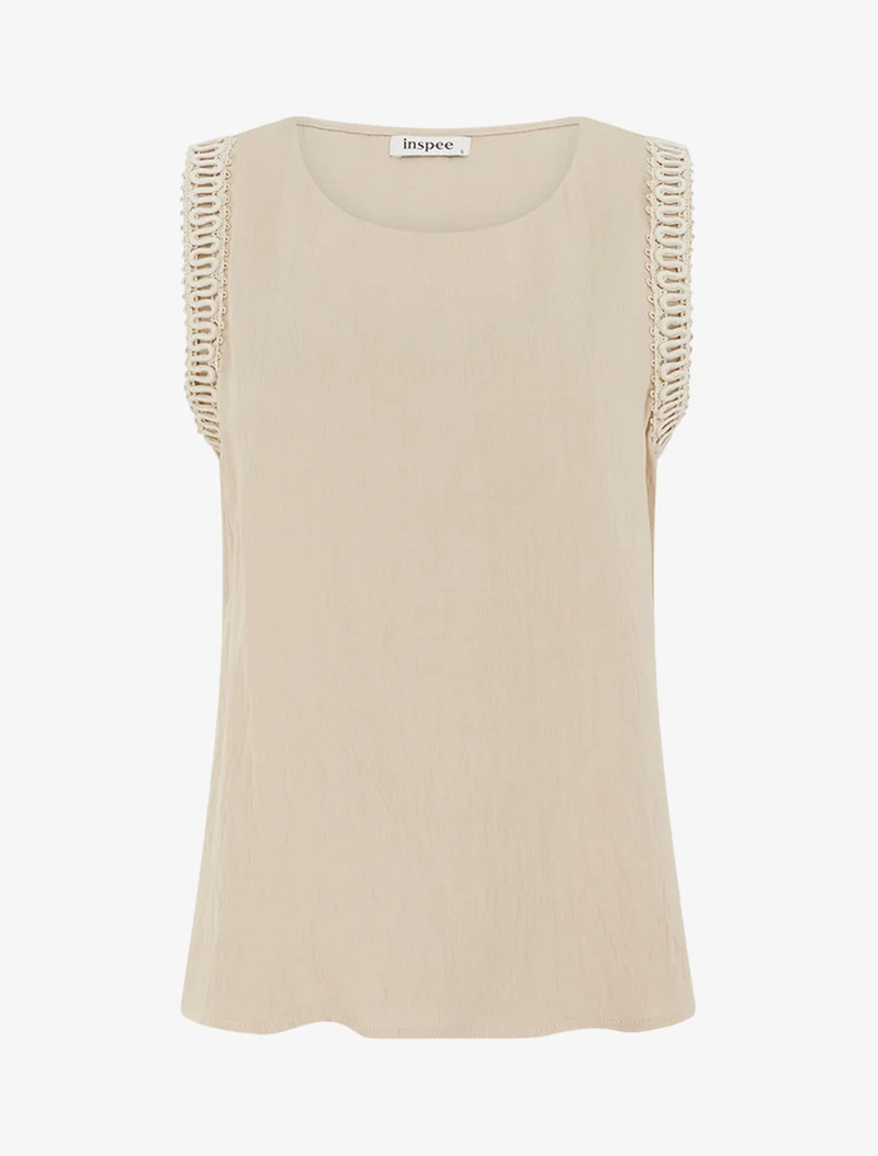 Top sans manches droit à broderies - Beige