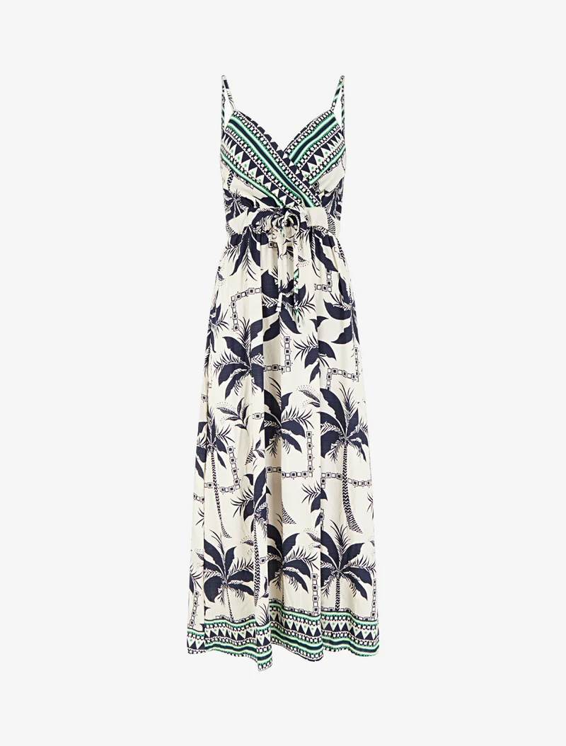 Robe longue à imprimé palmiers - Marine