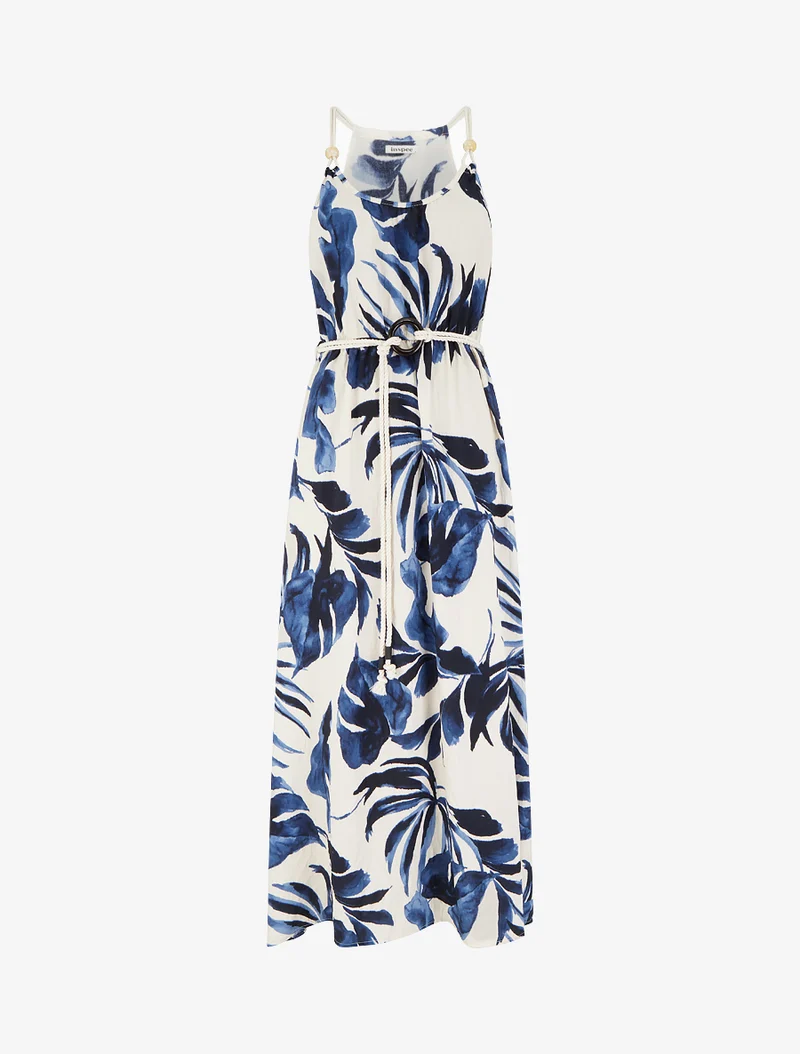 Robe imprimé feuilles à bretelles en cordelettes - Marine