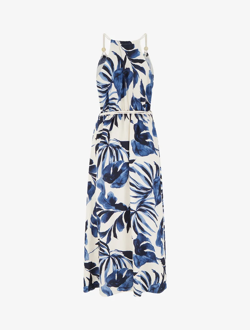 Robe imprimé feuilles à bretelles en cordelettes - Marine