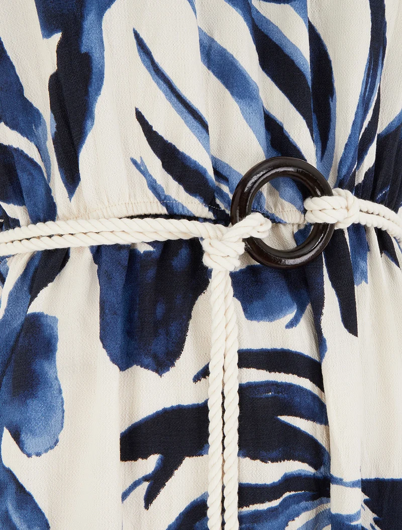 Robe imprimé feuilles à bretelles en cordelettes - Marine