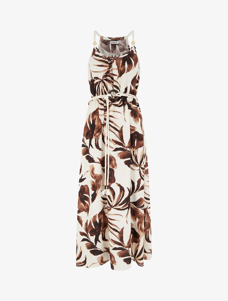 Robe imprimé feuilles à bretelles en cordelettes - Marron