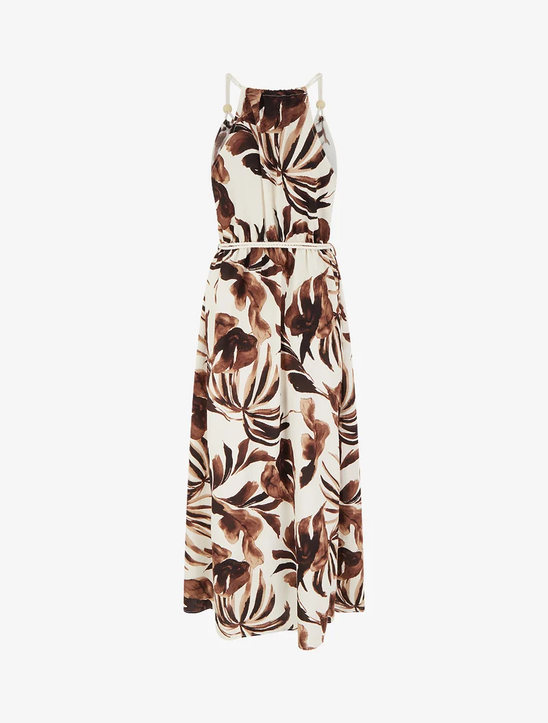 Robe imprimé feuilles à bretelles en cordelettes - Marron