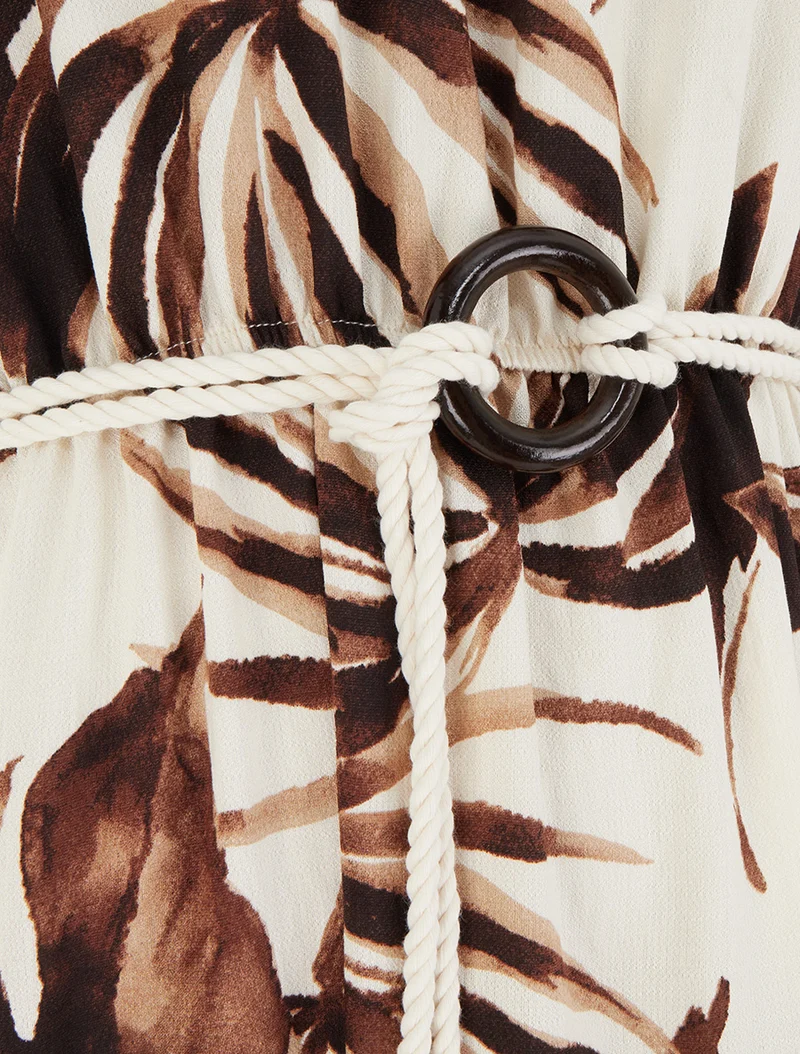 Robe imprimé feuilles à bretelles en cordelettes - Marron