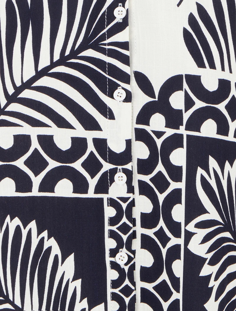 Chemise ample manches courtes imprimé feuilles tropicales - Marine