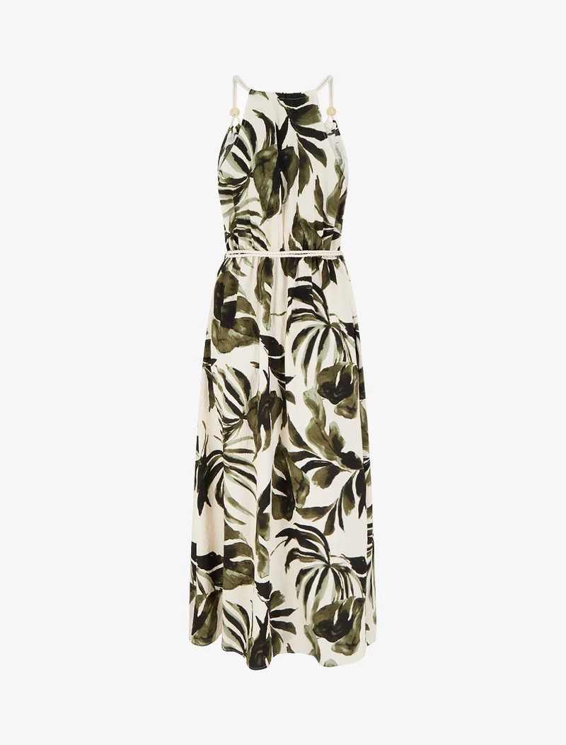 Robe imprimé feuilles à bretelles en cordelettes - Kaki