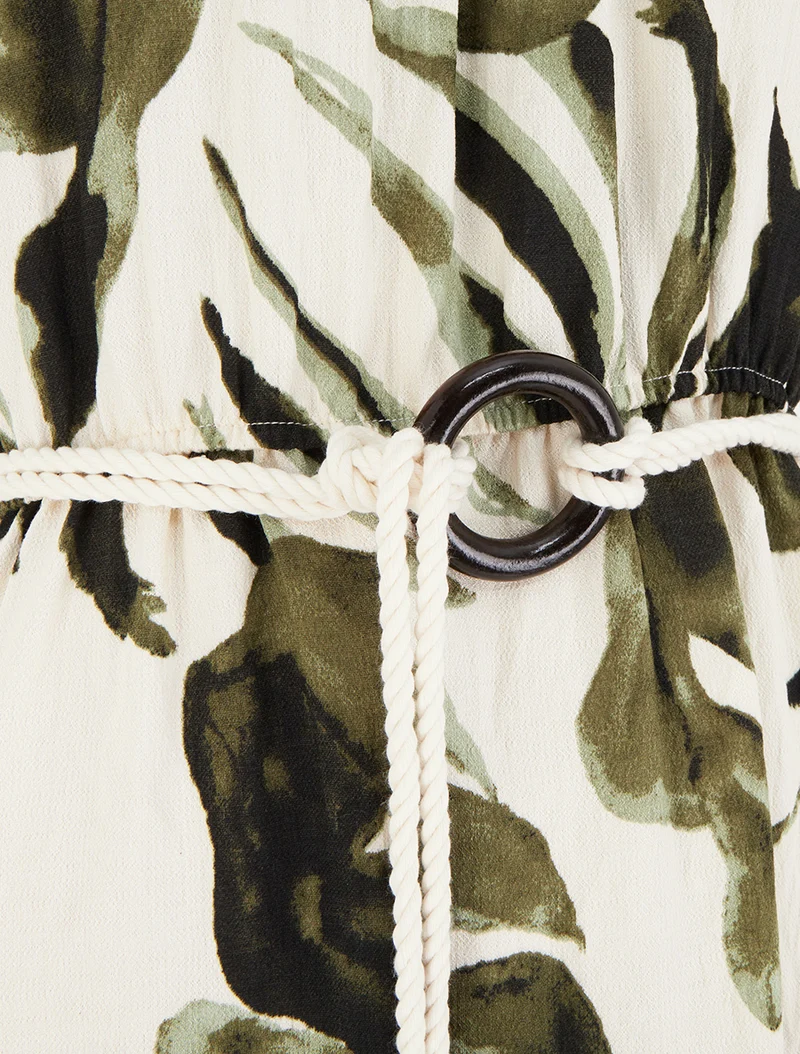 Robe imprimé feuilles à bretelles en cordelettes - Kaki