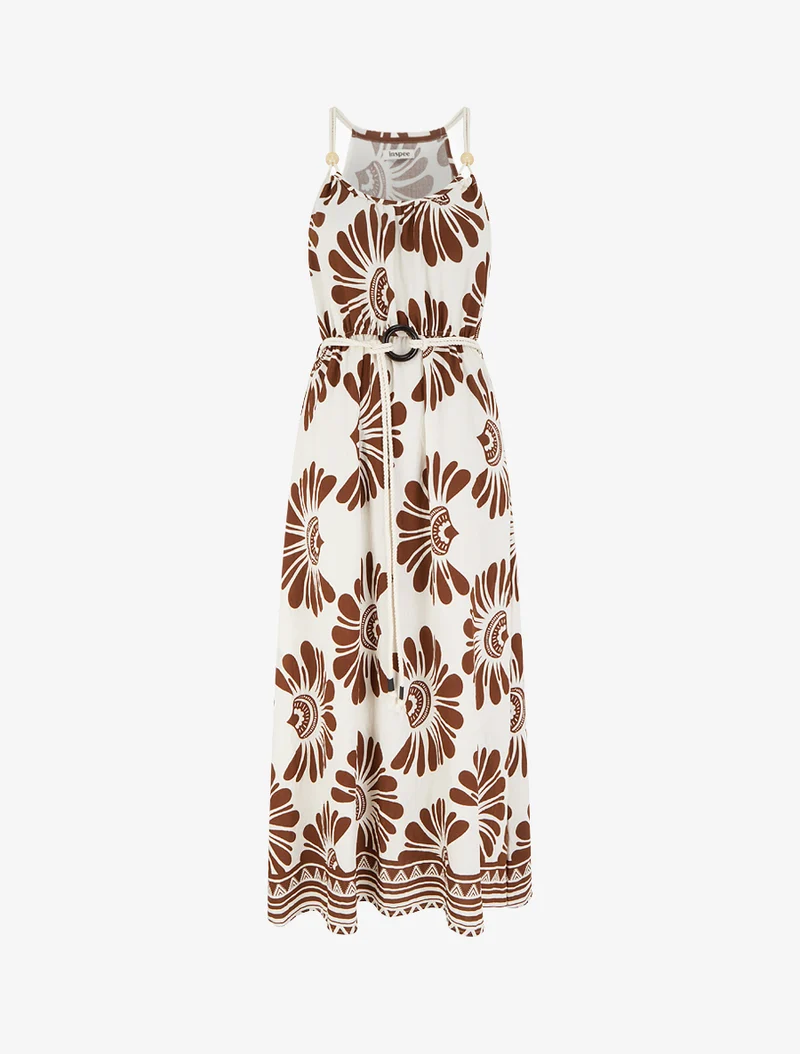 Robe imprimé fantaisie à bretelles en cordelettes - Marron