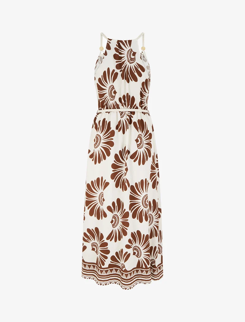 Robe imprimé fantaisie à bretelles en cordelettes - Marron
