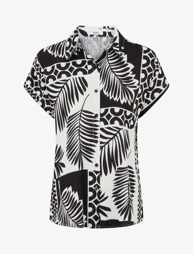 Chemise ample manches courtes imprimé feuilles tropicales - Noir
