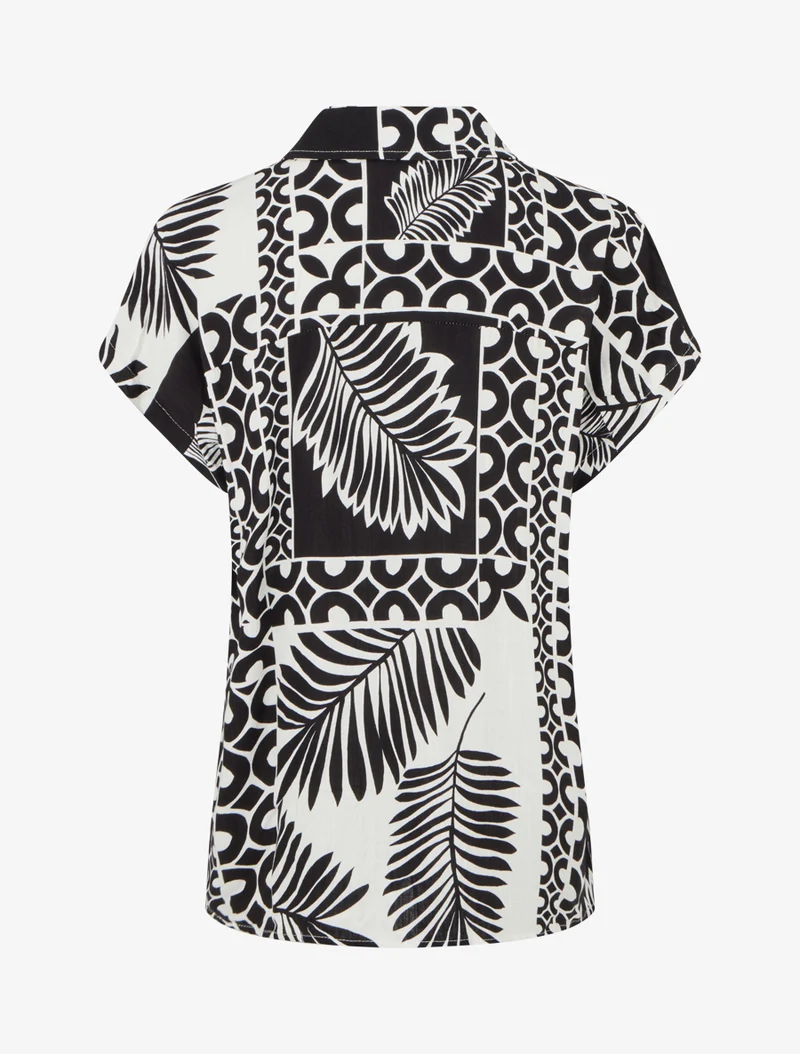 Chemise ample manches courtes imprimé feuilles tropicales - Noir