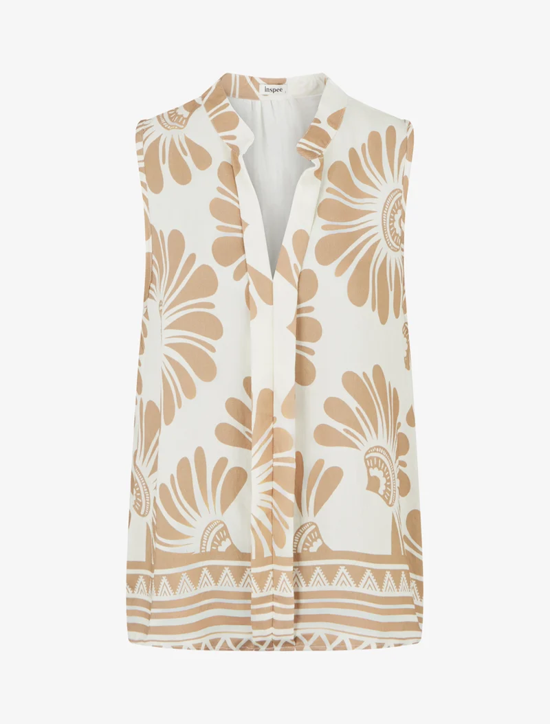 Top sans manches imprimé fleurs stylisées - Beige