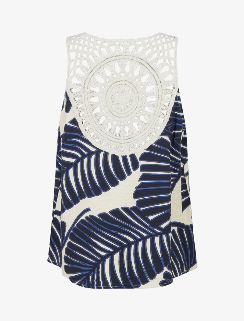 Top imprimé feuille de palmier à bretelles crochet - Marine