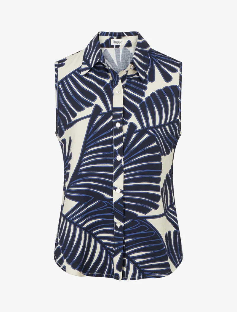 Chemise sans manches imprimé feuille de palmier - Marine