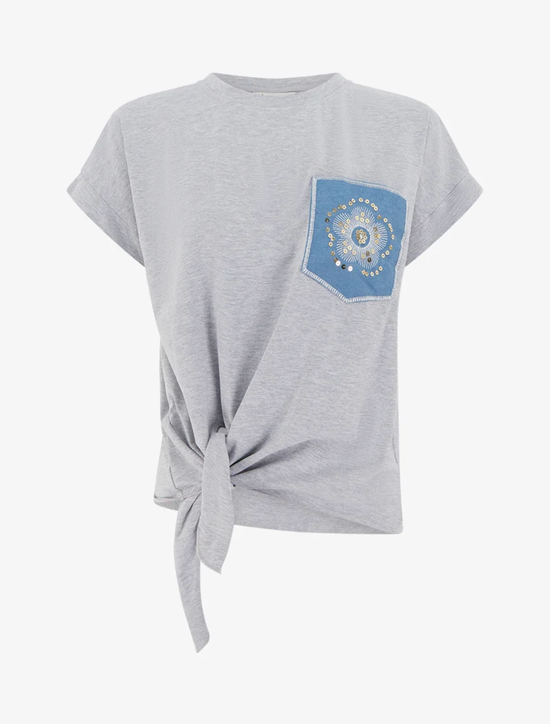 T-shirt à nouer à poche fantaisie - Gris