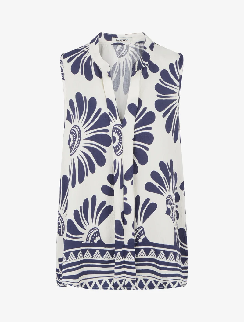 Top sans manches imprimé fleurs stylisées - Marine