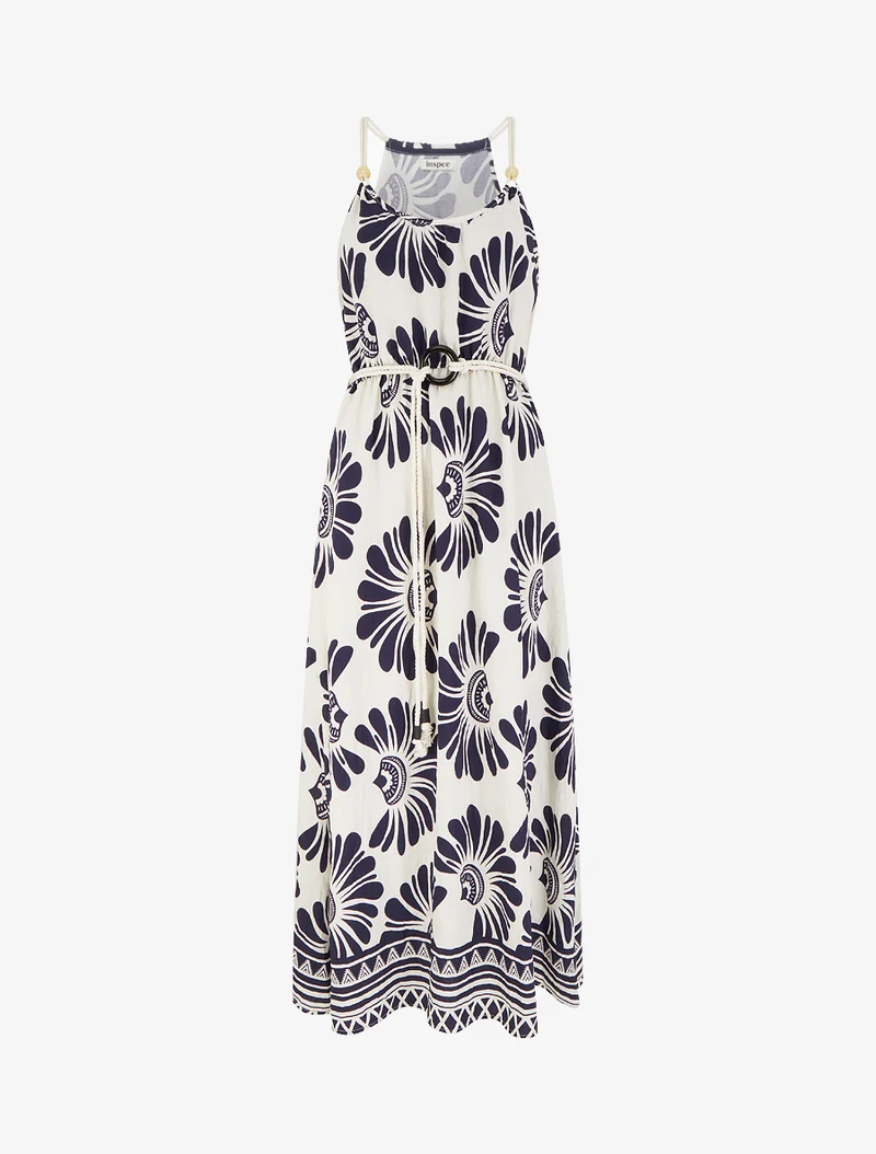 Robe imprimé fantaisie à bretelles en cordelettes - Marine