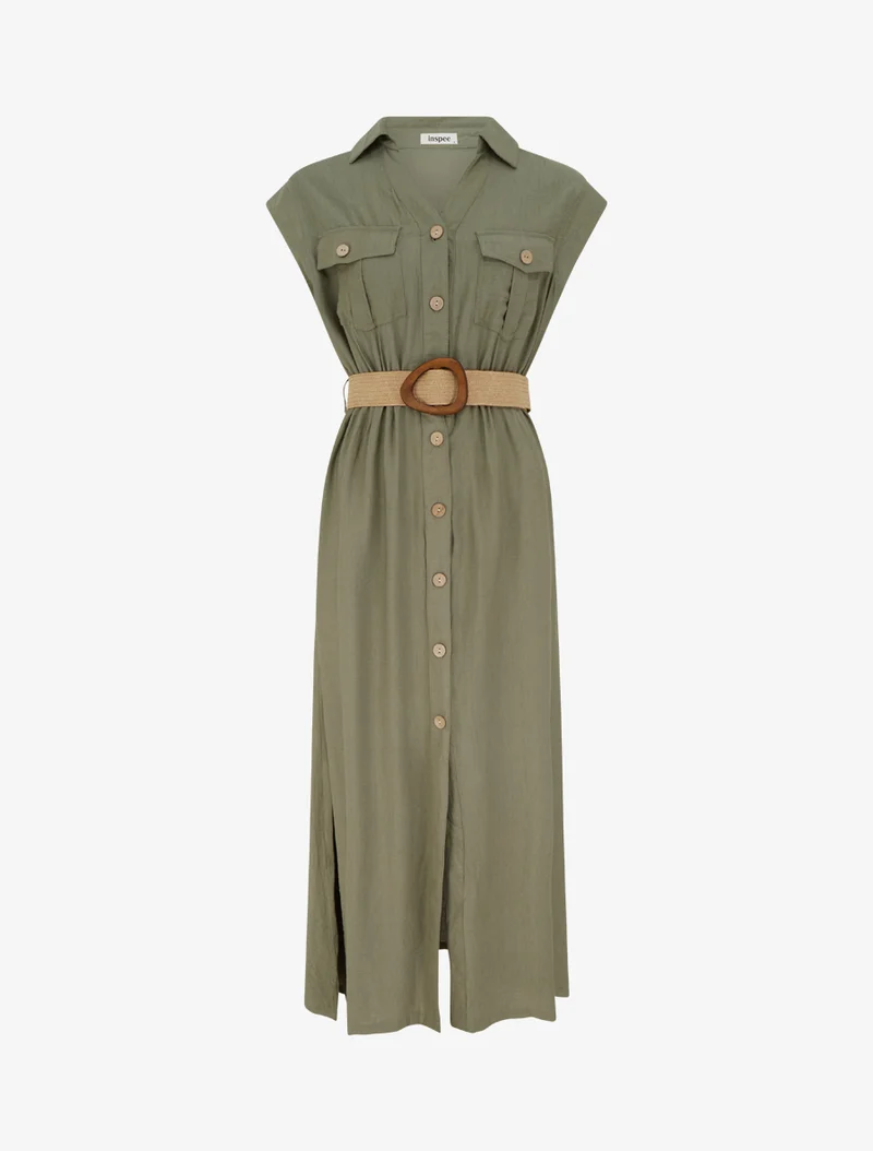 Robe longue unie boutonnée - Kaki