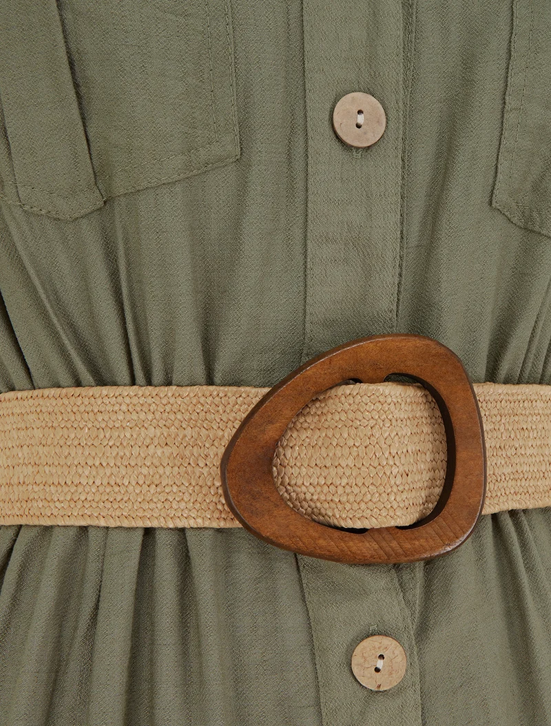 Robe longue unie boutonnée - Kaki