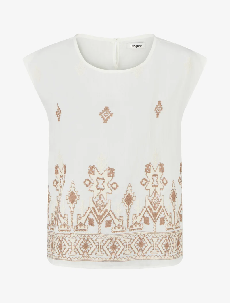 Top sans manches brodé coupe carrée - Beige