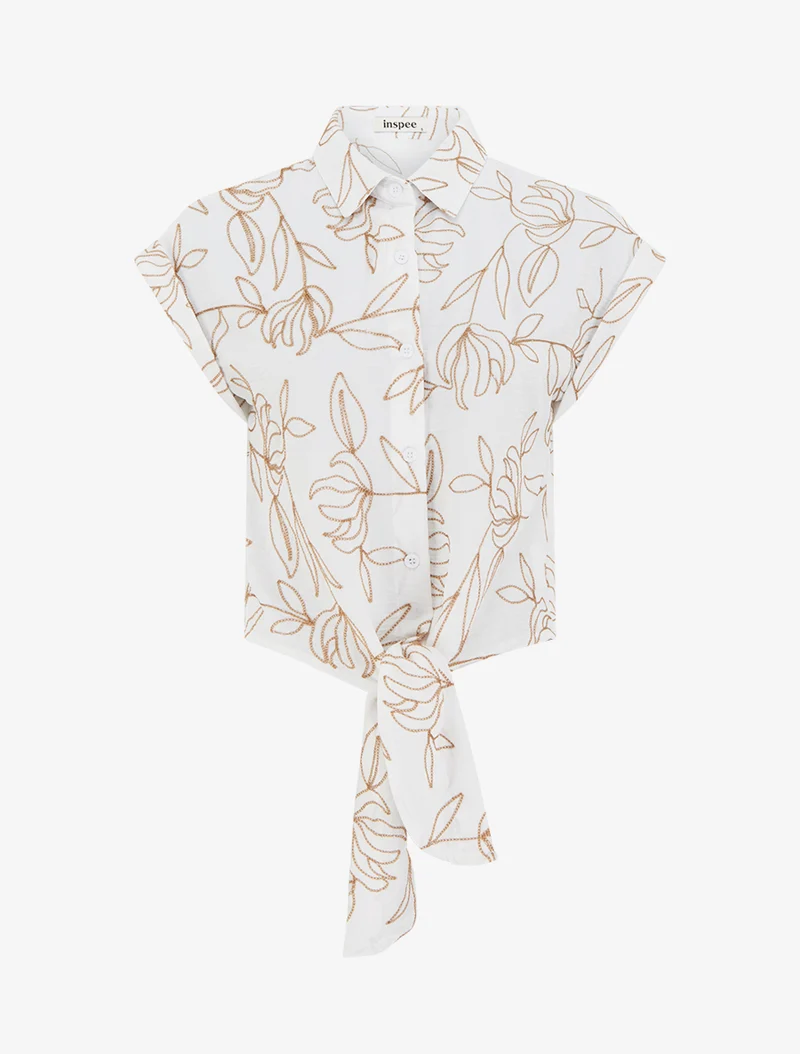 Chemise à nouer à broderies végétales - Écru