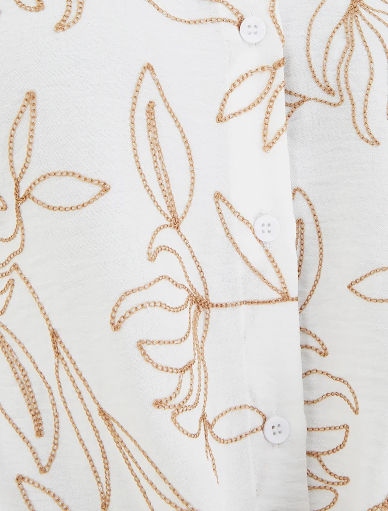 Chemise à nouer à broderies végétales - Écru