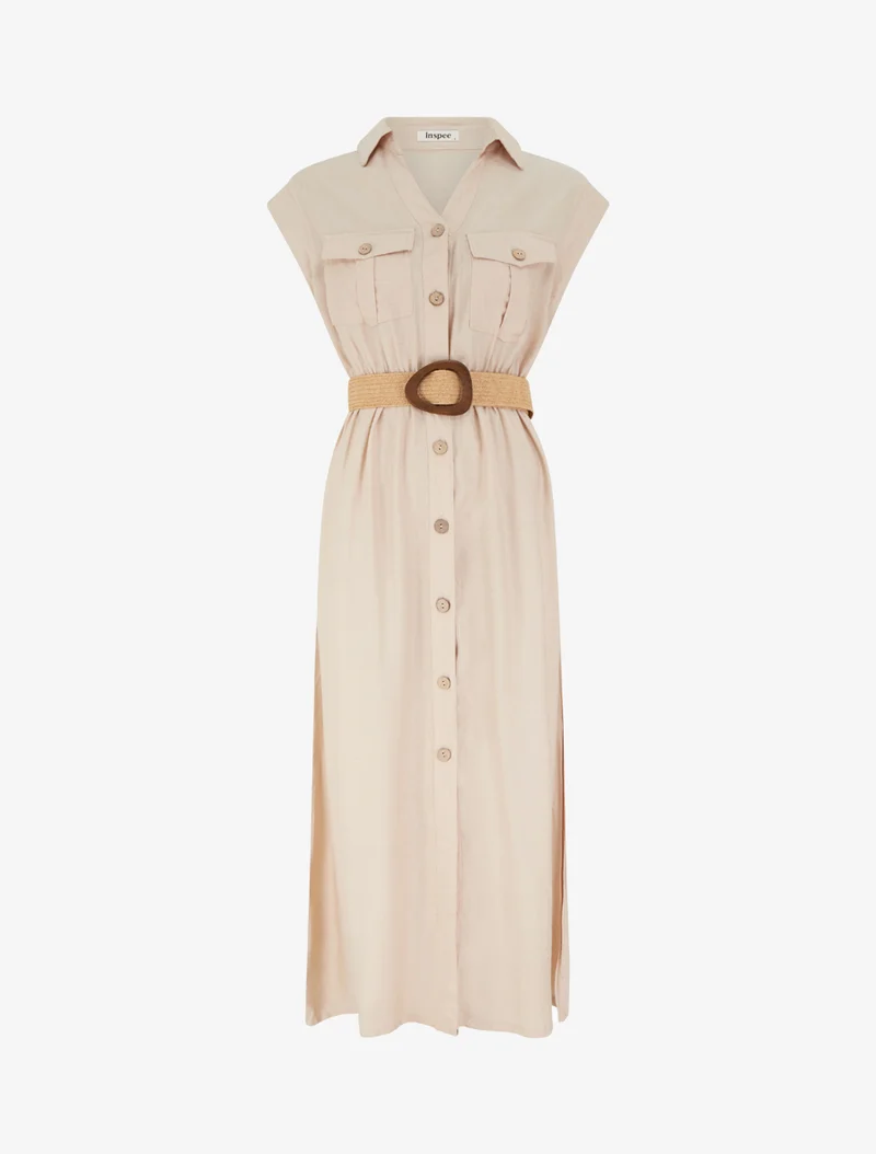 Robe longue unie boutonnée - Beige