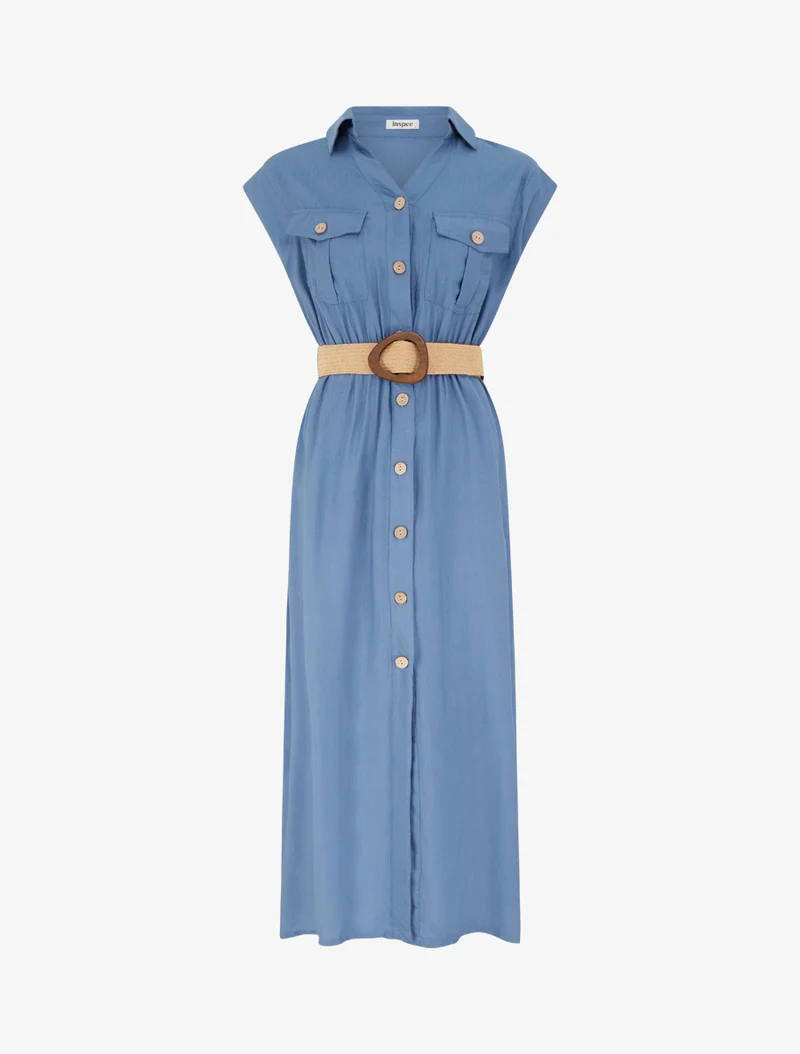 Robe longue unie boutonnée - Bleu
