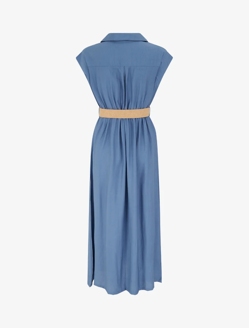 Robe longue unie boutonnée - Bleu