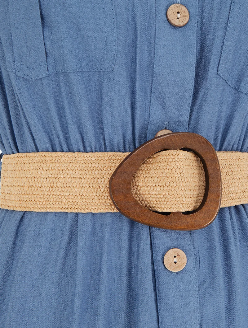 Robe longue unie boutonnée - Bleu