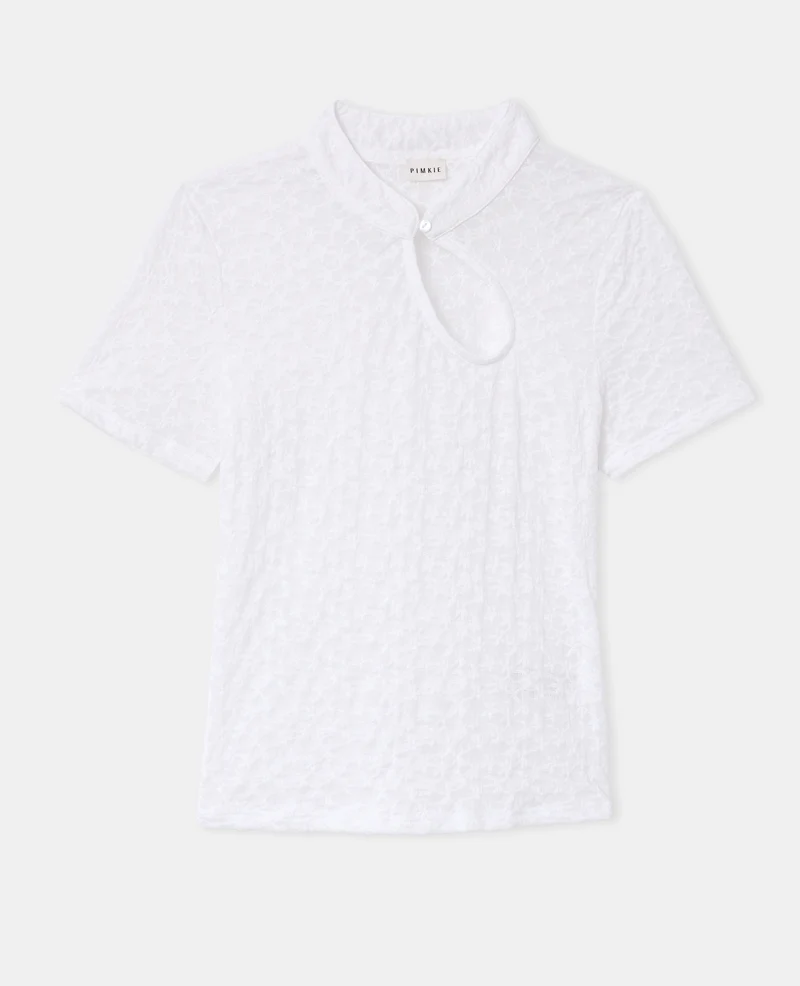 Top en dentelle col mao avec goutte et bouton