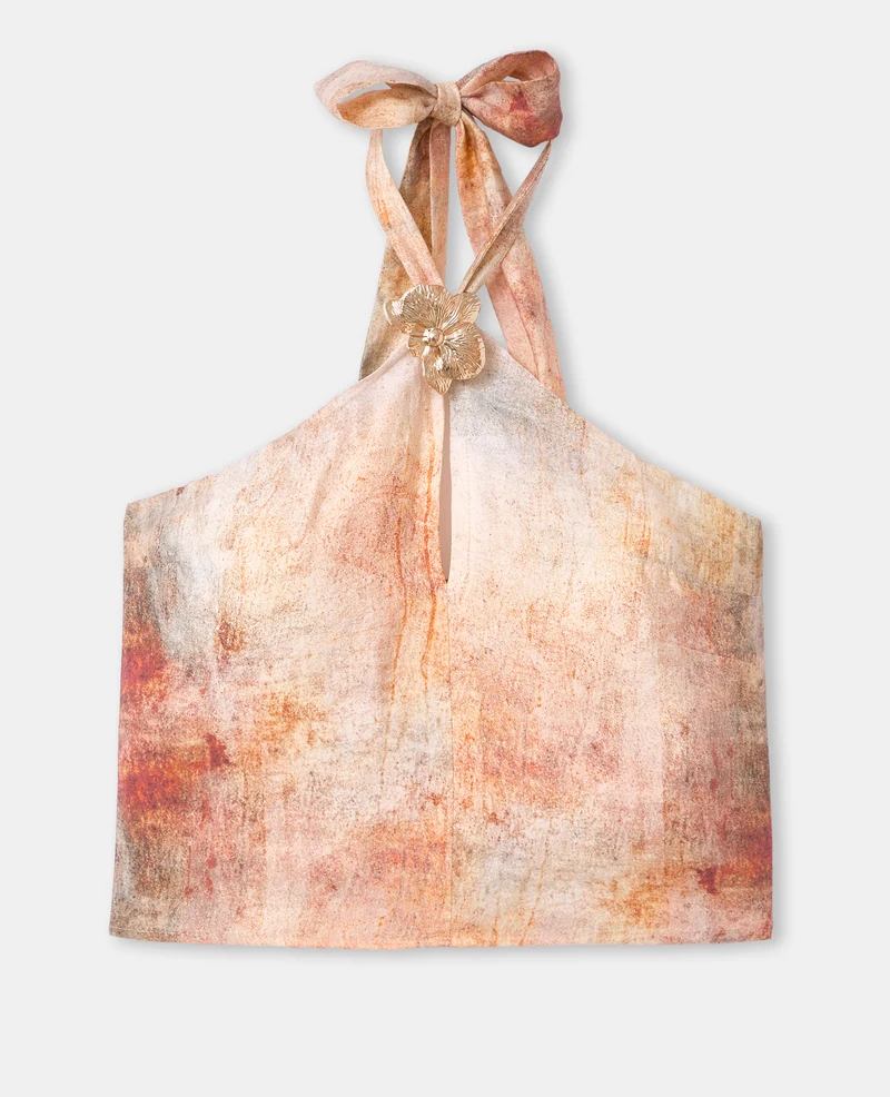 Top dos-nu effet marbré avec détail bijou fleur