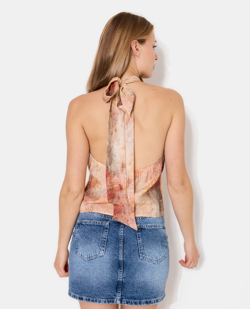 Top dos-nu effet marbré avec détail bijou fleur