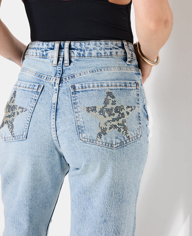 Jean droit taille haute avec étoiles strass léopard