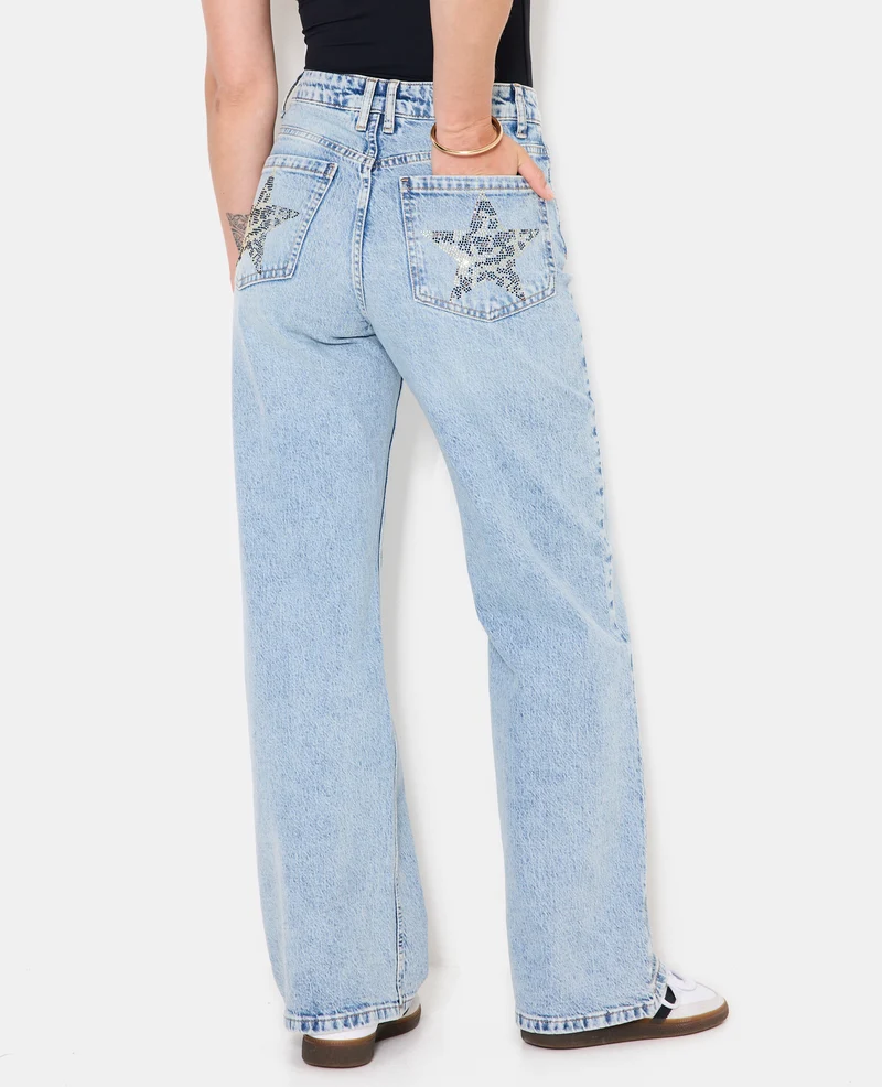 Jean droit taille haute avec étoiles strass léopard
