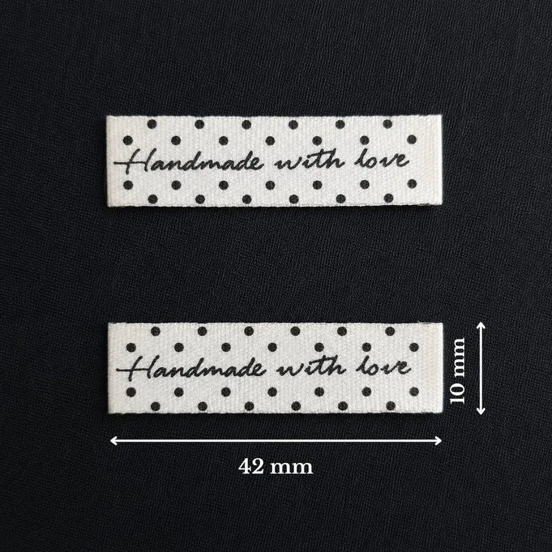 Étiquettes tissées « Handmade with Love » | Pois noirs | Paquet de 10