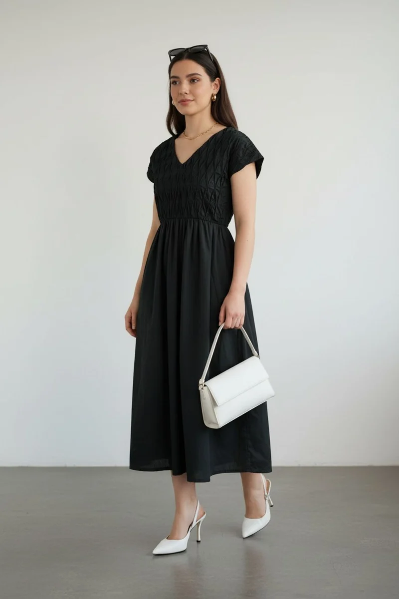 Yashvi|100% Cotton Pleated Bodice Midi Dress