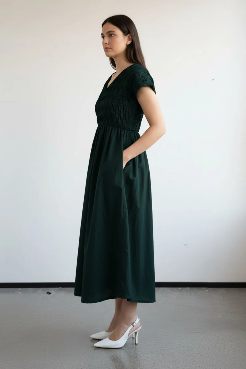 Yashvi|100% Cotton Pleated Bodice Midi Dress