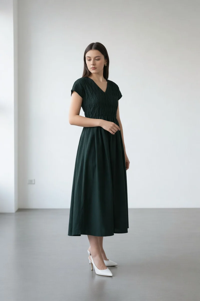 Yashvi|100% Cotton Pleated Bodice Midi Dress