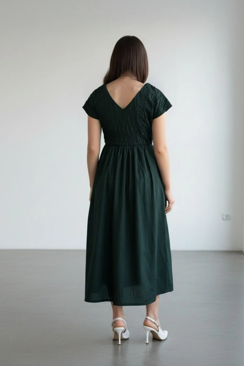 Yashvi|100% Cotton Pleated Bodice Midi Dress