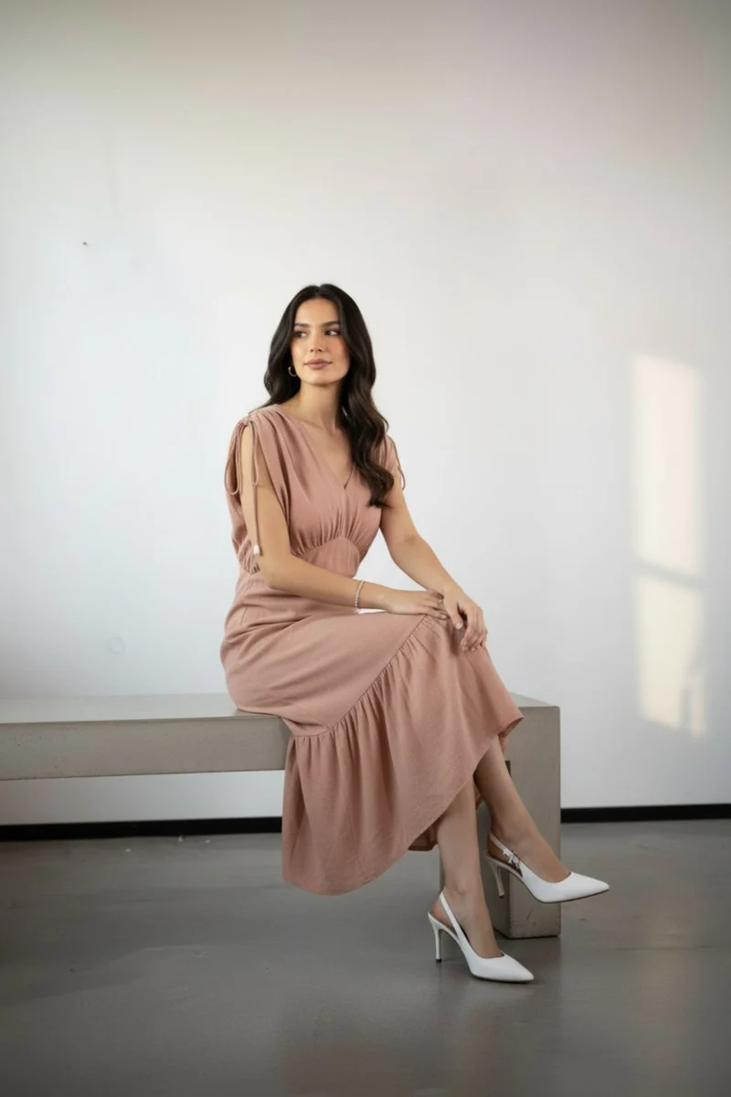 Nyra|100% Cotton V Neck Drop Waist Midi Dress